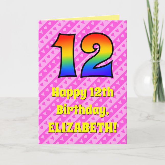 12. Geburtstag: Rosa Streifen & Herz, Regenbogen # Karte (Vorderseite)