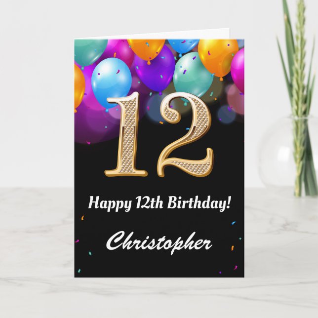 12. Geburtstag Schwarz und Gold farbige Ballons Karte (Vorderseite)