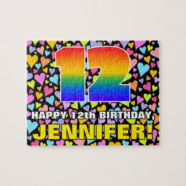 12. Geburtstag — Spaß, Liebende Herzformen + "12" (Horizontal)