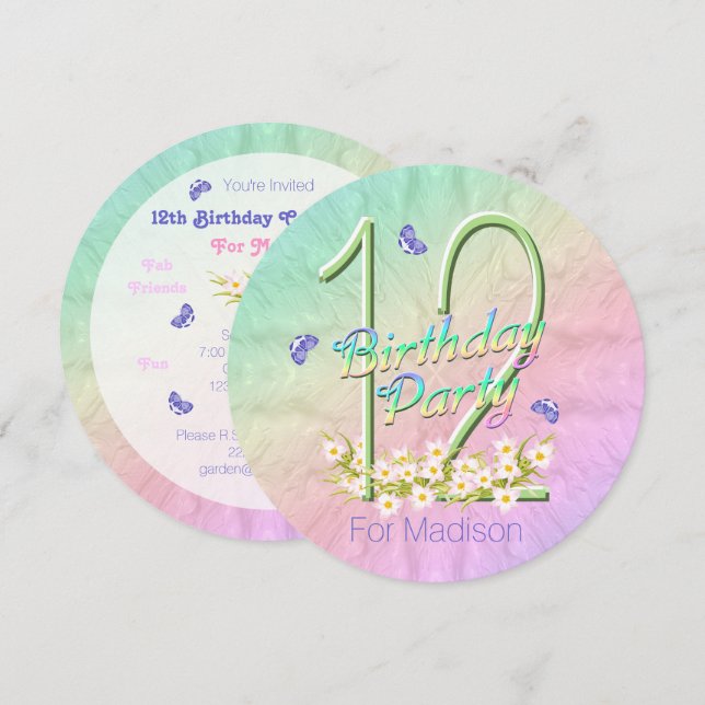 12. Geburtstagsparty Butterfly Rainbow Einladungen (Vorne/Hinten)