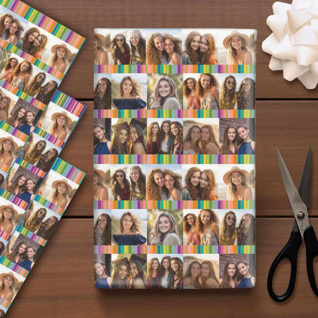12 Instagram Foto Collage helle Geburtstagsstreife Geschenkpapier Set (Custom Photo Wrapping Paper)