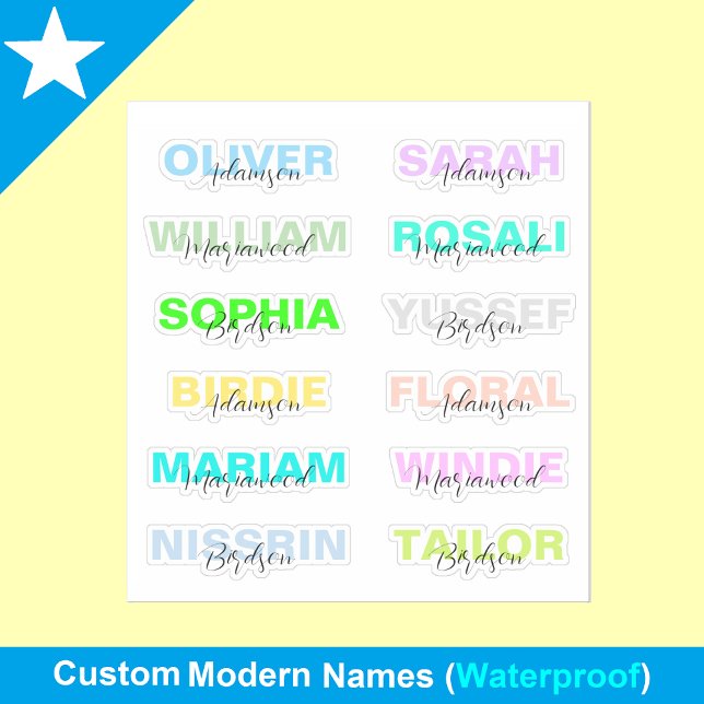 12 Moderne farbenfrohe Namen, beste wasserdichte A Aufkleber (trendy name stickers
waterproof school labels
modern name tags)
