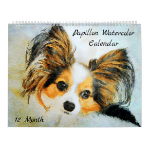 12 Monate Adorable Papillon Dog Aquarellmalerei Kalender