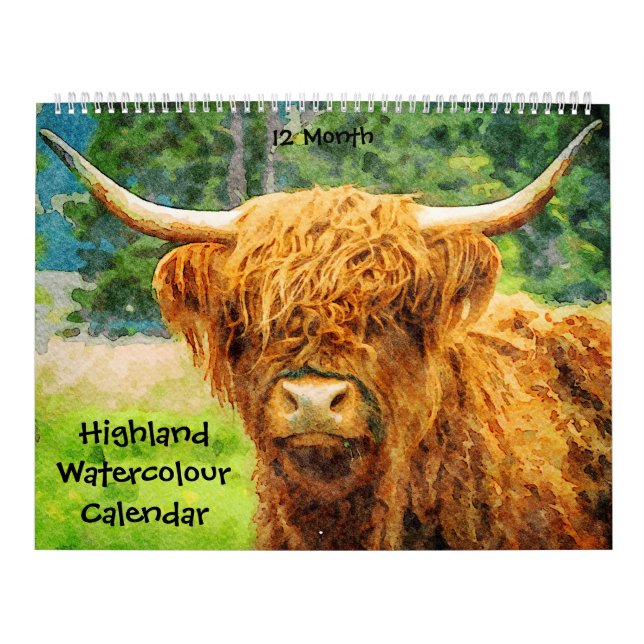 12 Monate Hochland Kuh Rinder Aquarellbilder Kalender (Titelbild)