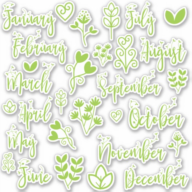 12 Monate Leaf Journal Stickers in Lawn Green Aufkleber (Vorderseite)