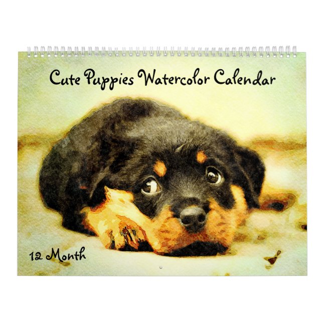 12 Monate Niedliche Welpen Baby Dog Aquarellmalere Kalender (Titelbild)