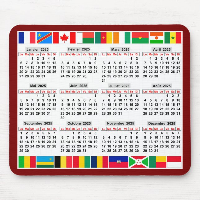 12-Monats-Kalender des Jahres 2025 Mousepad (Vorne)