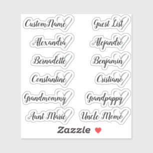 12 Namen Custom Guest List Calligraphy Gray Heart Aufkleber