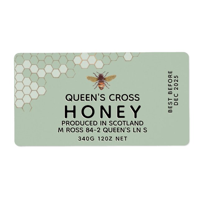 12 oz Honey Hex Jar Label mit Wabenrüben und Biene (Vorne)