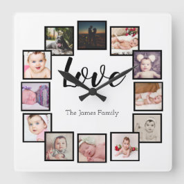 12 Personalisierte FotoCollage Quadratische Wanduhr