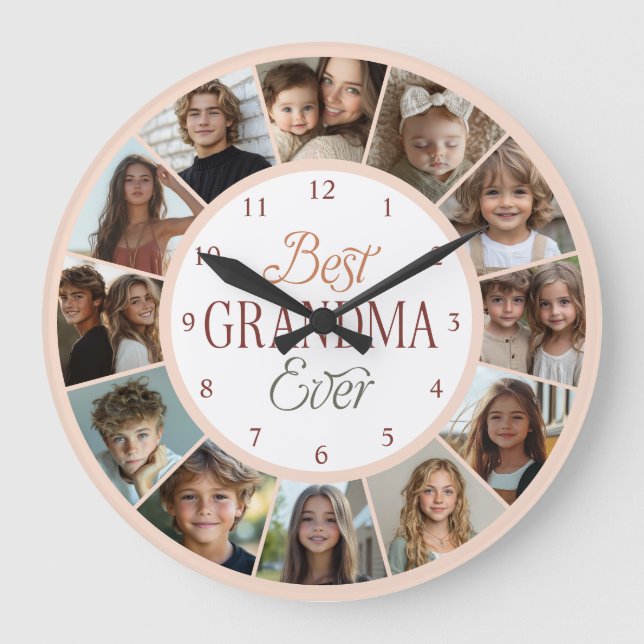 12 Photo Collage Best Grandma Ever Large Clock Große Wanduhr (Vorderseite)