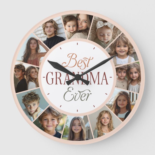 12 Photo Collage Best Grandma Ever Large Clock Große Wanduhr (Vorderseite)