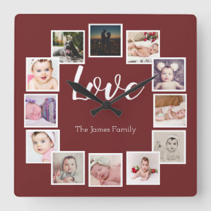 12 Photo Collage Personalized Burgundy Quadratische Wanduhr