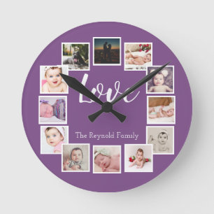 12 Photo Collage Personalized Purple Runde Wanduhr