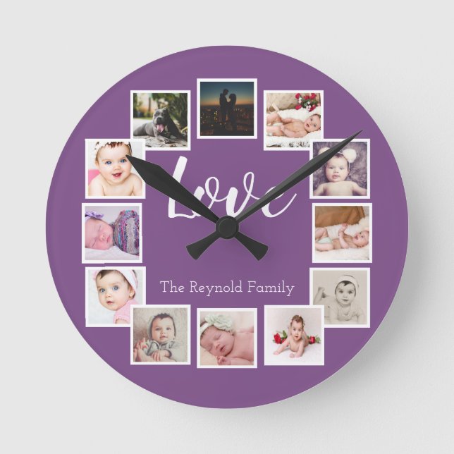 12 Photo Collage Personalized Purple Runde Wanduhr (Vorderseite)