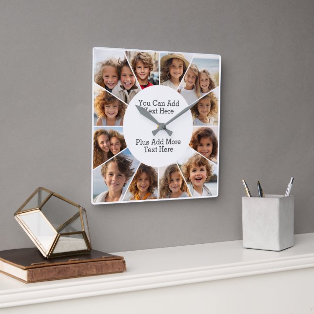 12 Photo Minimal Grid with Simple Text  Square Wal Quadratische Wanduhr (Büro)