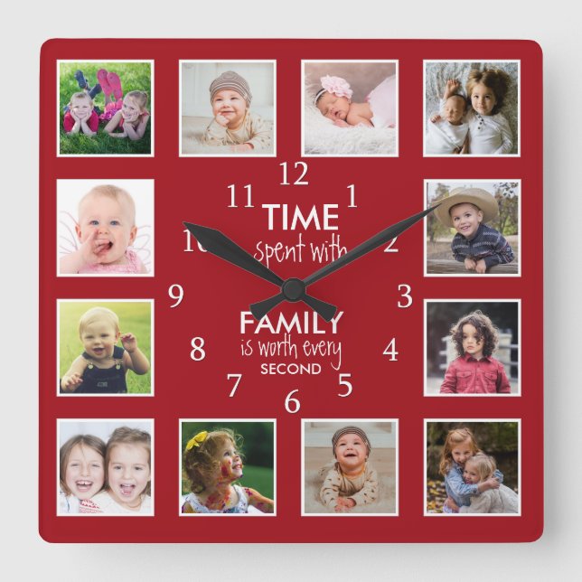 12 Photo Template Time With Family Quote Red Quadratische Wanduhr (Vorderseite)