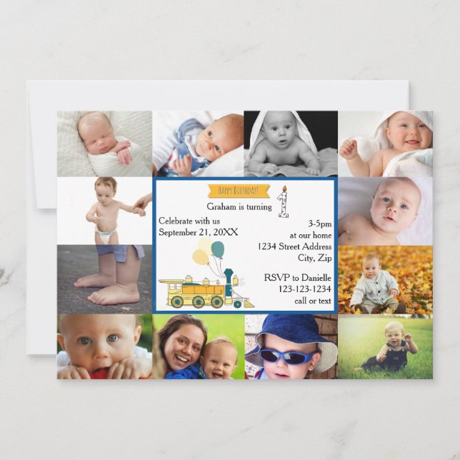 12 photos Train Bleu d'anniversaire - Invitation d (Devant)