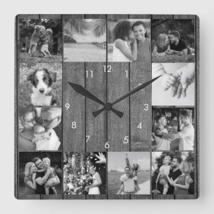 12 Schwarz-Weiß-Foto-Collage Rustikales Holz  Quadratische Wanduhr