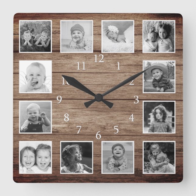12 Schwarz-Weiß-FotoCollage Bauernhof Holz Quadratische Wanduhr (Vorderseite)