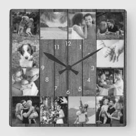 12 Schwarz-Weiß-FotoCollage Rustikales Holz Quadratische Wanduhr