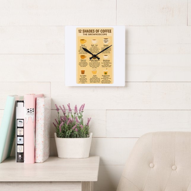 “12 Shades of Coffee – The Brewroscope.” Quadratische Wanduhr (Lesesaal)