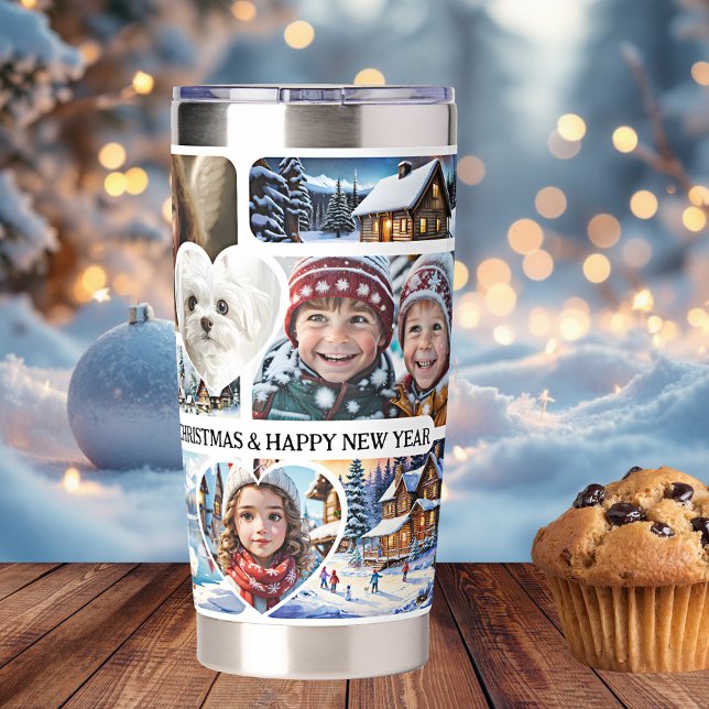 12 Spaß Weihnachten Fotos Collage Thermobecher (Christmas gift: insulated tumbler featuring your favorite photos (or artwork/your kid's drawings))