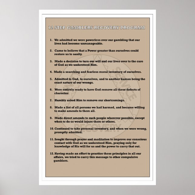 12 Step Gamblers Addictions Erholung Poster (Vorne)