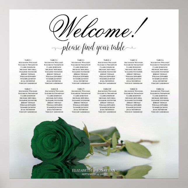 12 Tabelle Elegant Emerald Green Rose Seating Char Poster (Vorne)