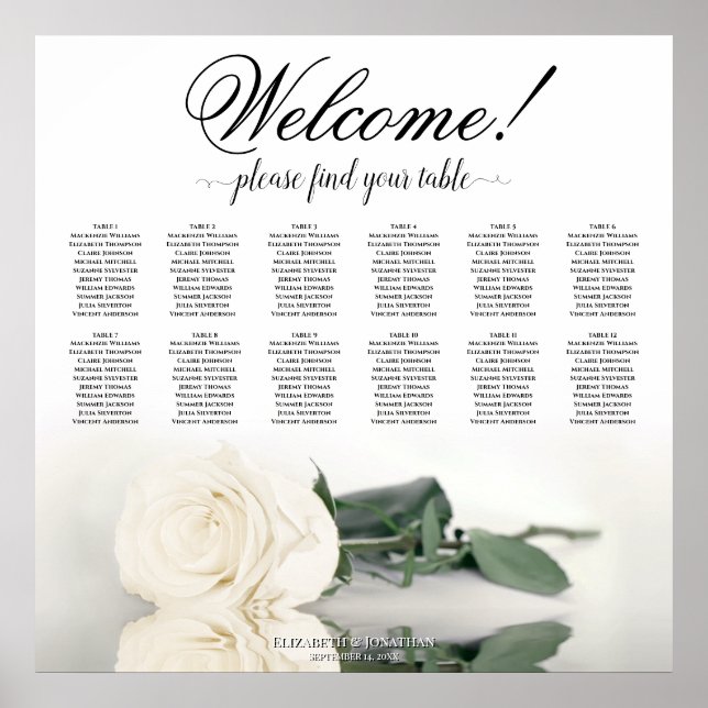 12 Tabelle Elegante White Rose Hochzeitstabelle Poster (Vorne)
