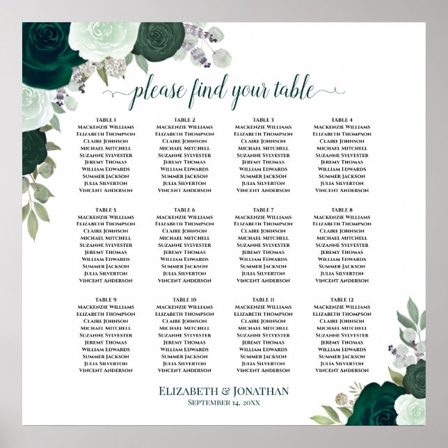 12 Tabelle Emerald Floral Boho Hochzeitstabelle Poster (Vorne)