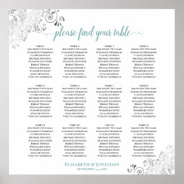 12 Tabelle Frily Aquamarin & White Wedding Chart Poster