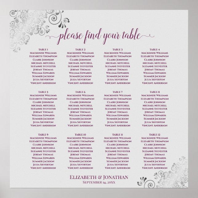 12 Tabelle Magenta auf Gray Wedding Seating Chart Poster (Vorne)