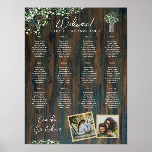 12 Tabelle Rustikales Holz Gypsophila FOTO SITZEND Poster (Vorne)