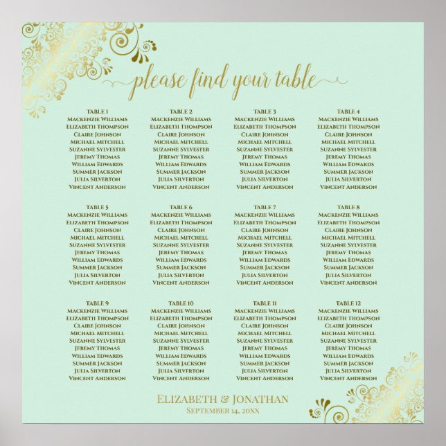 12 Table Mint Green & Gold Wedding Seating Chart Poster (Vorne)
