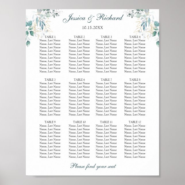 12 Tables Seating Chart Plakatzeichen Poster (Vorne)