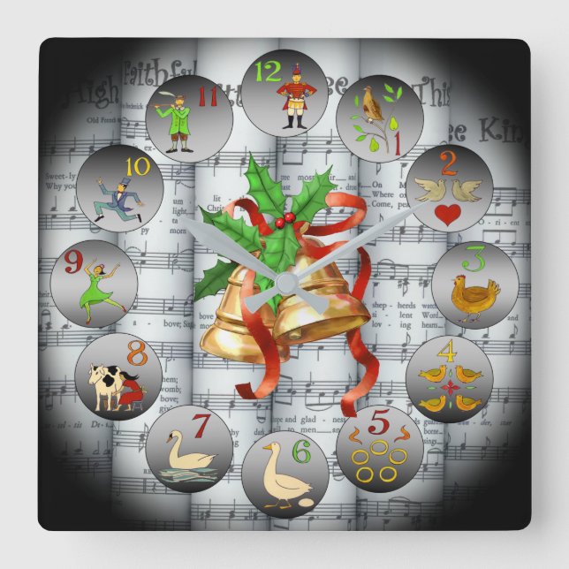 12 Tage Weihnachten~Sheet Music~Christmas Bells~ Quadratische Wanduhr (Vorderseite)