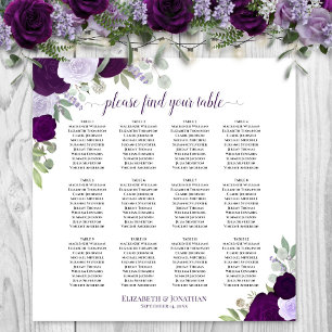 12 Tisch Chic Lila Rosen Hochzeits-Sitzplan Poster