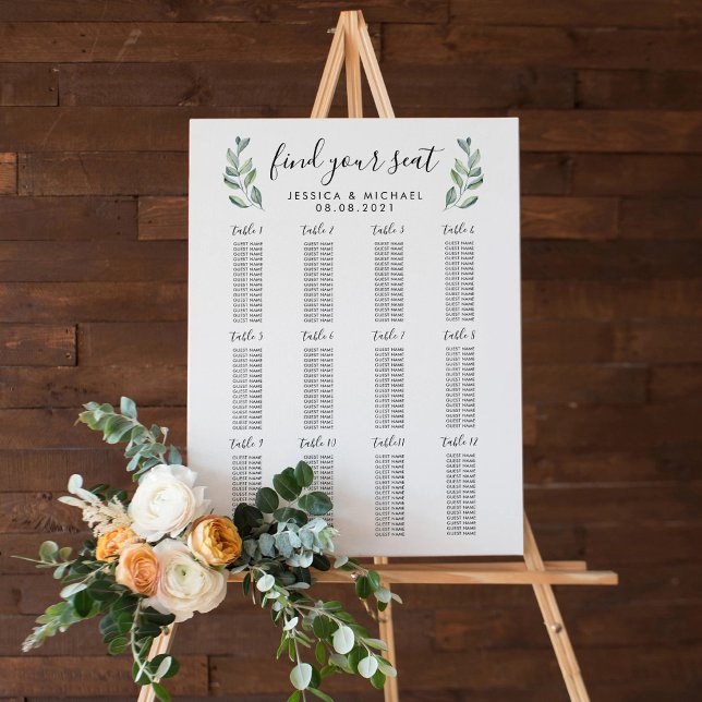 12 Tische große Hochzeit 192 Gäste Sitzordnung Poster (12 Table Large Wedding 192 Guests Seating Chart Poster)