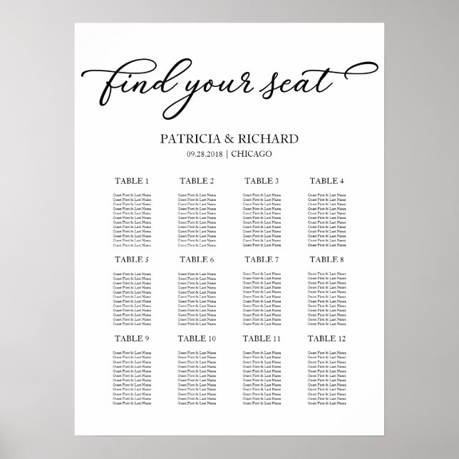 12 Tische Hochzeits-Sitzplan Chic Schrift Poster (Vorne)