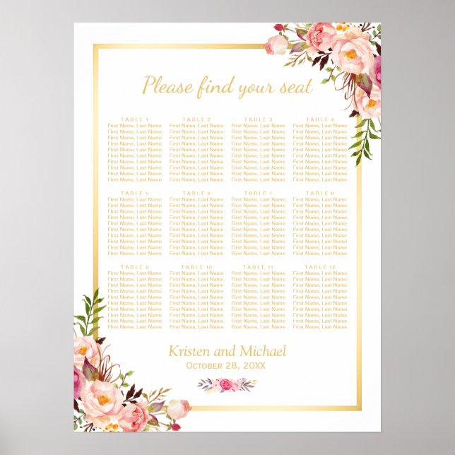 12 Tische Hochzeitskarte Chic florales Gold Poster (Vorne)