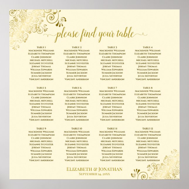 12 Tische Hochzeitskarte Gold Frills Poster (Vorne)