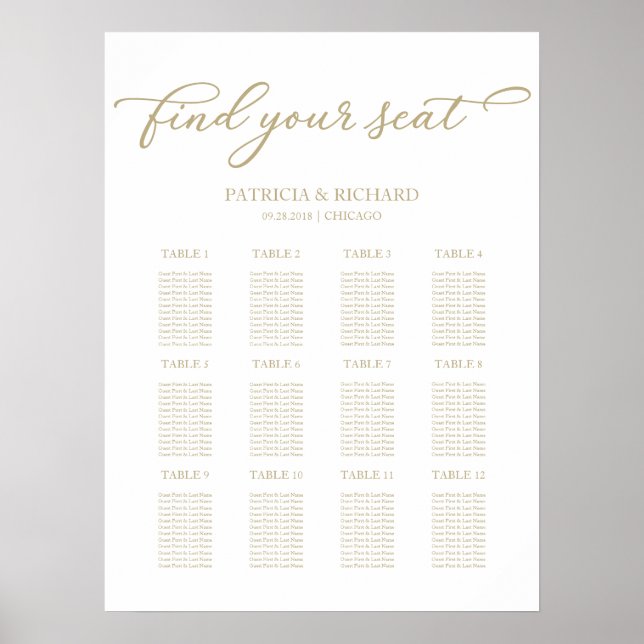 12 Tische Hochzeitsplan Chic Script Poster (Vorne)