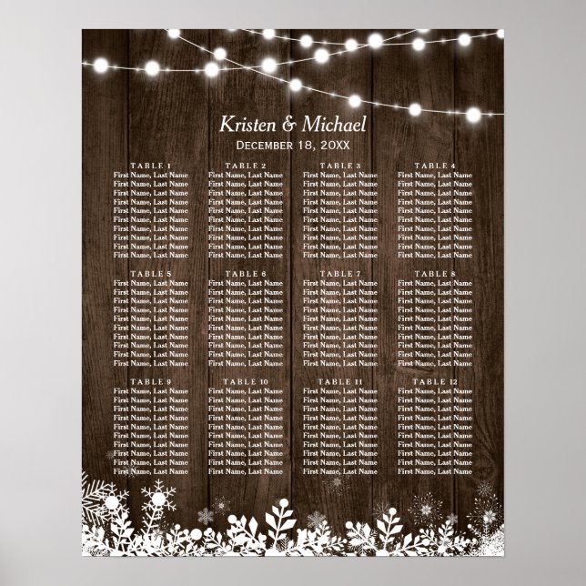 12 Tische rustikale Winter Hochzeitskarte aus Holz Poster (Vorne)
