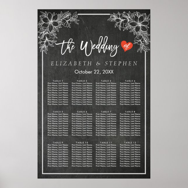 12 Tische Seatekarte Tafel Blumenrahmen Poster (Vorne)