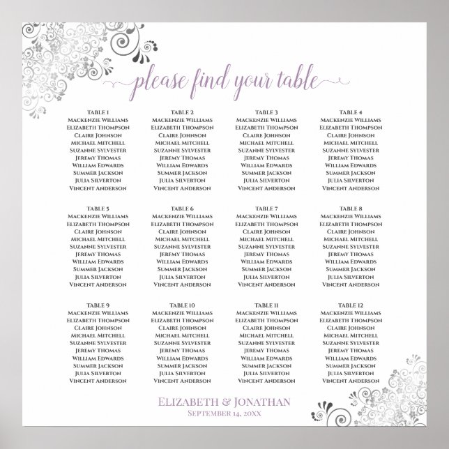 12 Tischlacy Lavendel White Wedding Seating Chart Poster (Vorne)