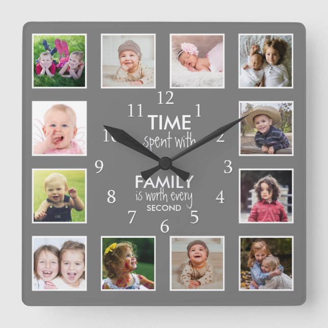 12 Vorlagenzeit mit grauem Familienangebot Quadratische Wanduhr (Vorderseite)