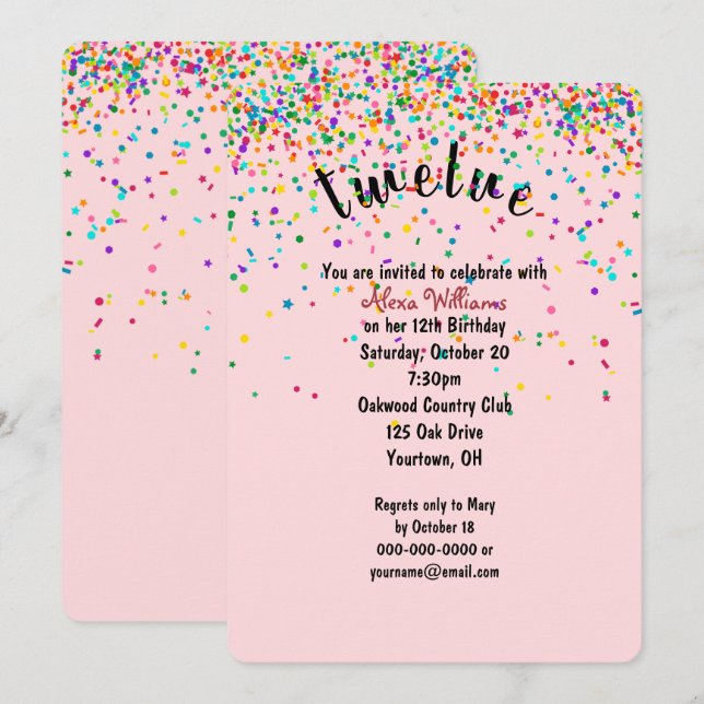 12e anniversaire Fête confetti Invitation (Devant / Derrière)