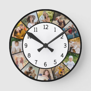 12er Foto-Collage Schwarz & Weiß Familie & Freunde Runde Wanduhr