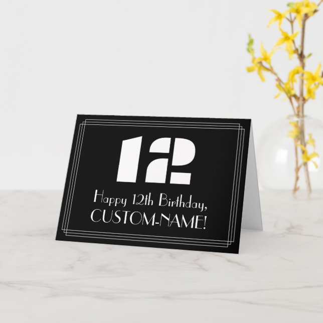 12th Birthday: Art Deco Inspirred Look "12" & Name Karte (Gelbe Blume)